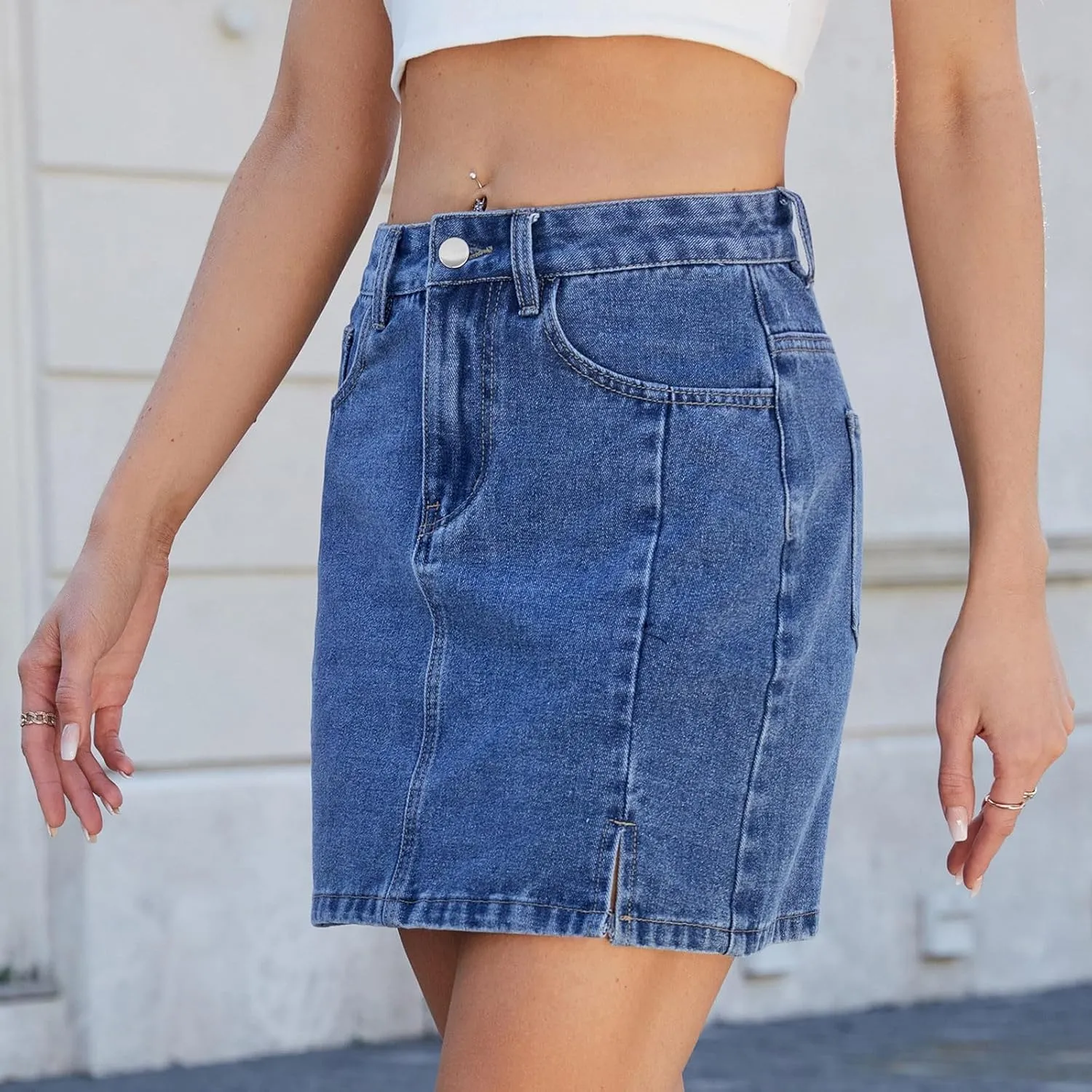 Women Denim Mini Skirts Stretch Low Waisted Zipper Button Split Hem Casual Summer Shift Jean Skirt with Pockets