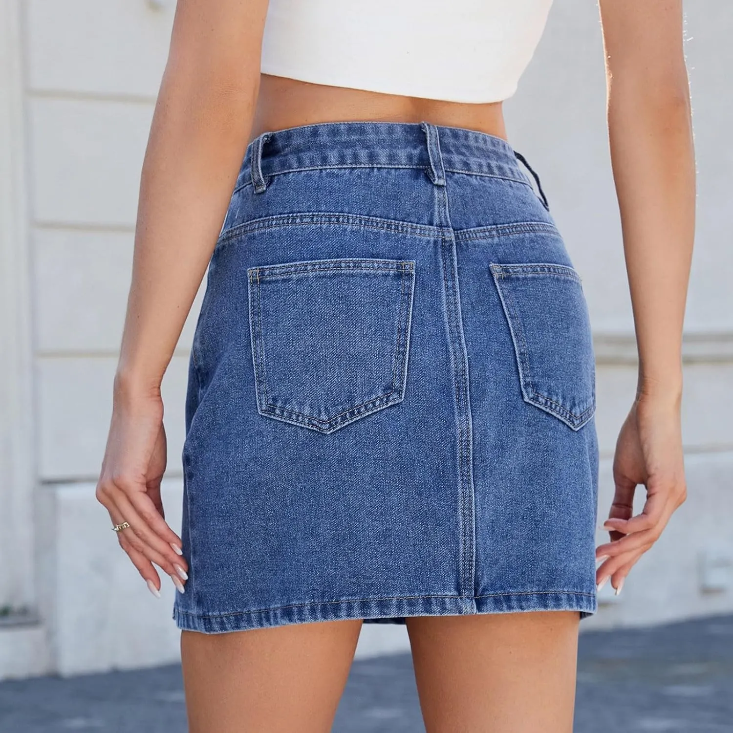Women Denim Mini Skirts Stretch Low Waisted Zipper Button Split Hem Casual Summer Shift Jean Skirt with Pockets