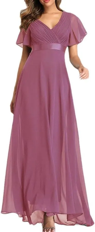 Women Elegant V-Neck Ruffles Chiffon Dresses Summer Formal Wedding Party Evening Gown Dress