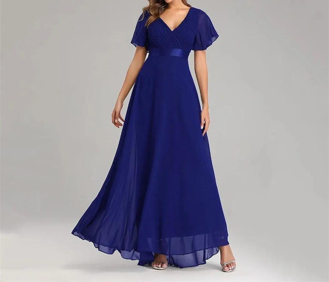 Women Elegant V-Neck Ruffles Chiffon Dresses Summer Formal Wedding Party Evening Gown Dress