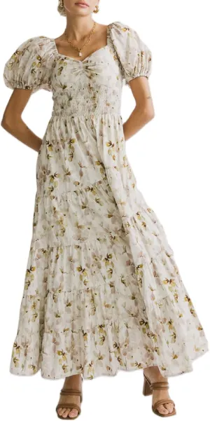 Women Floral Patchwork Puff Sleeve Maxi Dress Boho Square Neck Smocked Flowy Dress Y2k Tiered Ruffle Beach Sundress