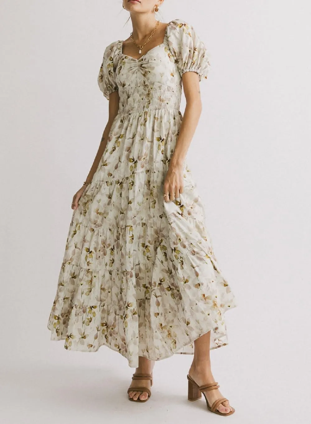 Women Floral Patchwork Puff Sleeve Maxi Dress Boho Square Neck Smocked Flowy Dress Y2k Tiered Ruffle Beach Sundress
