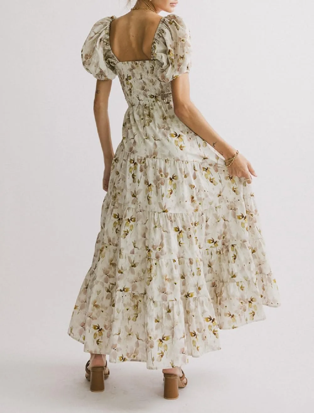 Women Floral Patchwork Puff Sleeve Maxi Dress Boho Square Neck Smocked Flowy Dress Y2k Tiered Ruffle Beach Sundress