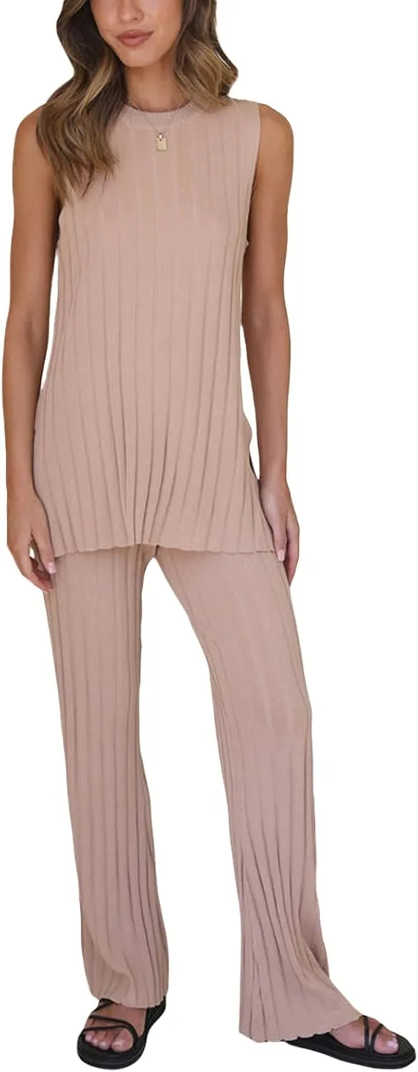 Women Knit Set 2 Piece Outfits Solid Color Long Sweater Vest Split Tank Tops High Waist Wide Leg Pants Loungewear