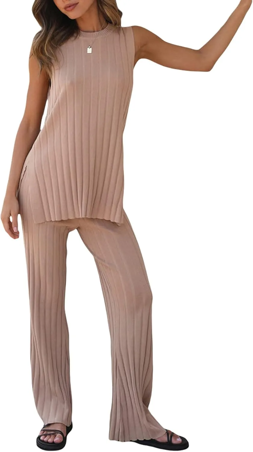 Women Knit Set 2 Piece Outfits Solid Color Long Sweater Vest Split Tank Tops High Waist Wide Leg Pants Loungewear