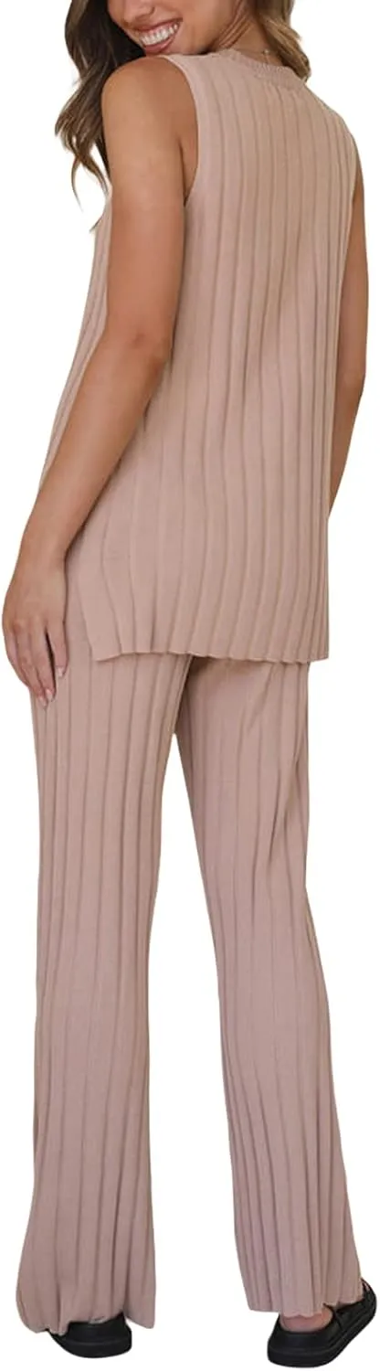 Women Knit Set 2 Piece Outfits Solid Color Long Sweater Vest Split Tank Tops High Waist Wide Leg Pants Loungewear