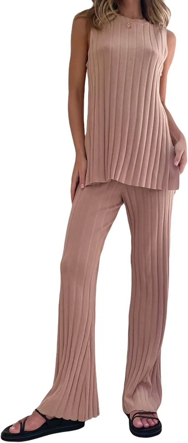 Women Knit Set 2 Piece Outfits Solid Color Long Sweater Vest Split Tank Tops High Waist Wide Leg Pants Loungewear