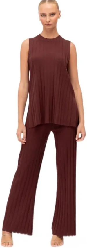 Women Knit Set 2 Piece Outfits Solid Color Long Sweater Vest Split Tank Tops High Waist Wide Leg Pants Loungewear