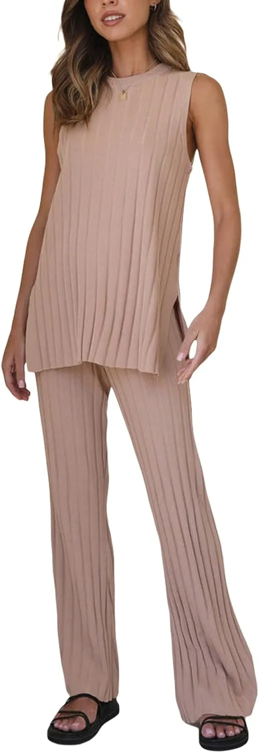 Women Knit Set 2 Piece Outfits Solid Color Long Sweater Vest Split Tank Tops High Waist Wide Leg Pants Loungewear