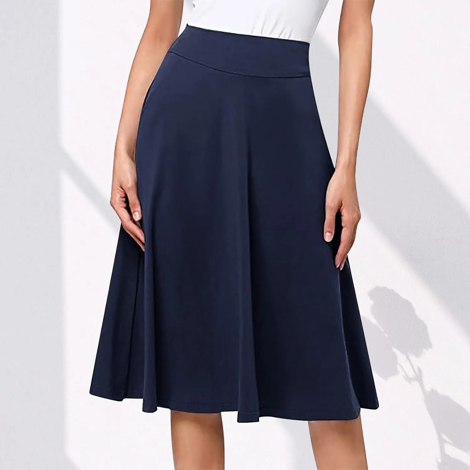 Women Midi Skirt High Waisted Zipper Solid Color Casual Flowy Knee Length Beach Skirts Ladies Summer Work Outfit