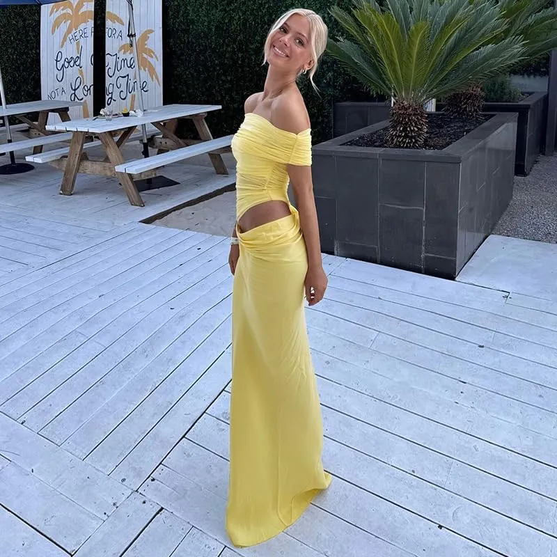 Women Off Shoulder Bodycon Maxi Dress Layered Mesh Ruched Hollow Out Party Formal Wedding Guest Dresses for Party