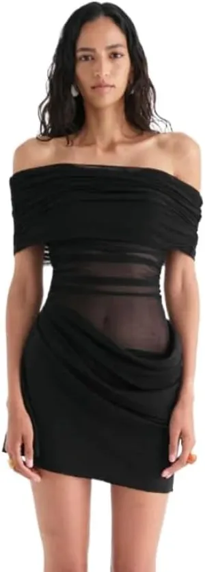 Women Off Shoulder Bodycon Maxi Dress Layered Mesh Ruched Hollow Out Party Formal Wedding Guest Dresses for Party