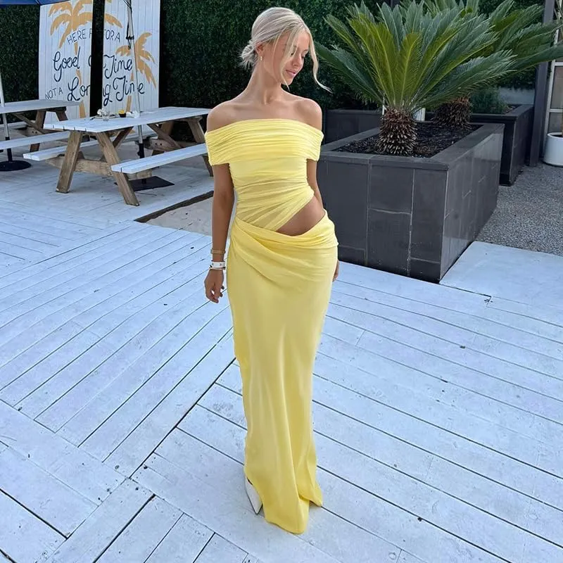 Women Off Shoulder Bodycon Maxi Dress Layered Mesh Ruched Hollow Out Party Formal Wedding Guest Dresses for Party
