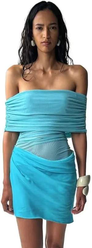 Women Off Shoulder Bodycon Maxi Dress Layered Mesh Ruched Hollow Out Party Formal Wedding Guest Dresses for Party