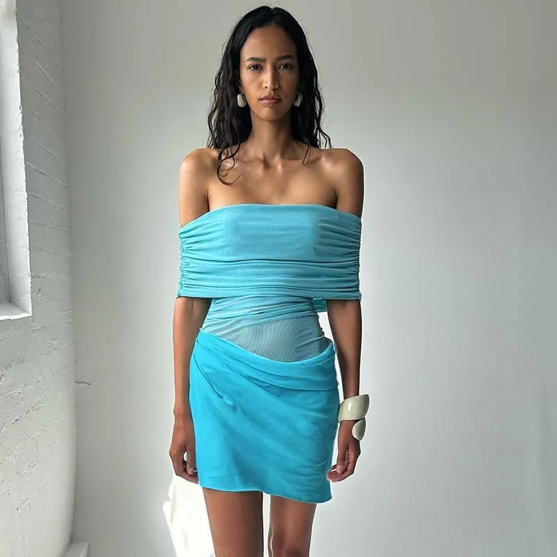 Women Off Shoulder Bodycon Maxi Dress Layered Mesh Ruched Hollow Out Party Formal Wedding Guest Dresses for Party