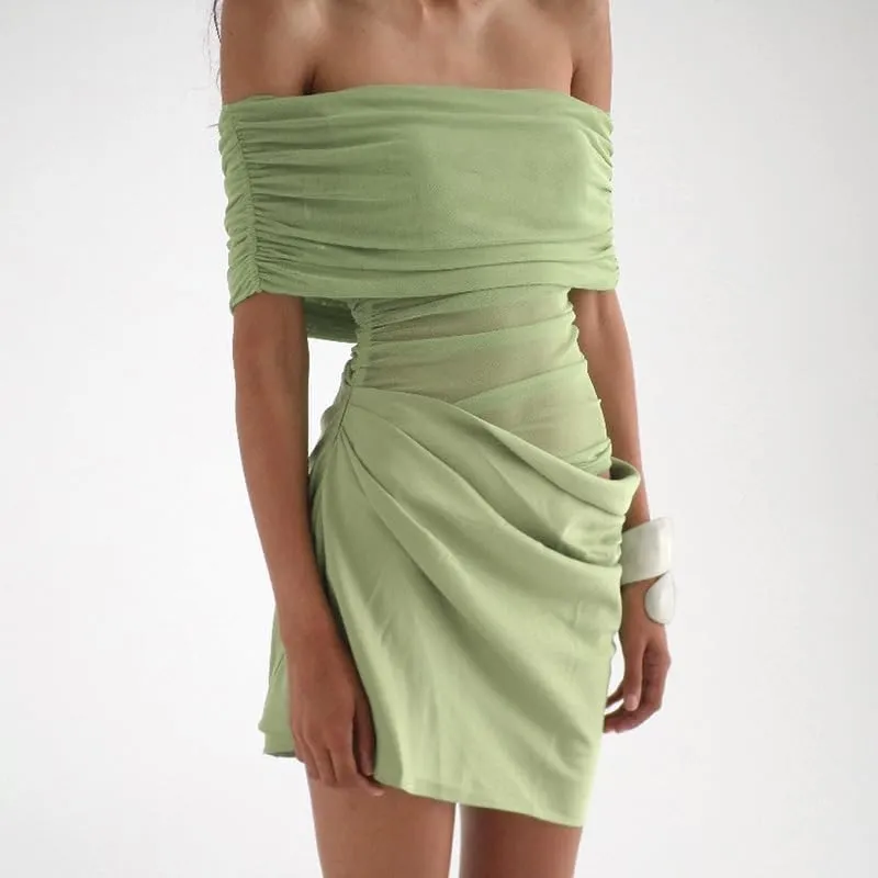 Women Off Shoulder Bodycon Maxi Dress Layered Mesh Ruched Hollow Out Party Formal Wedding Guest Dresses for Party