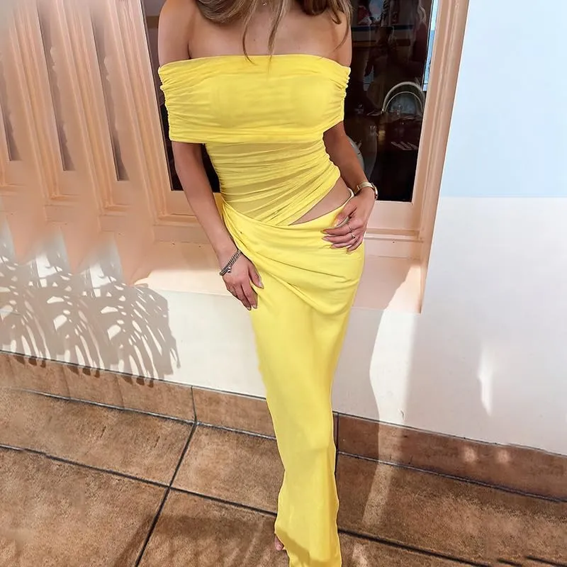 Women Off Shoulder Bodycon Maxi Dress Layered Mesh Ruched Hollow Out Party Formal Wedding Guest Dresses for Party