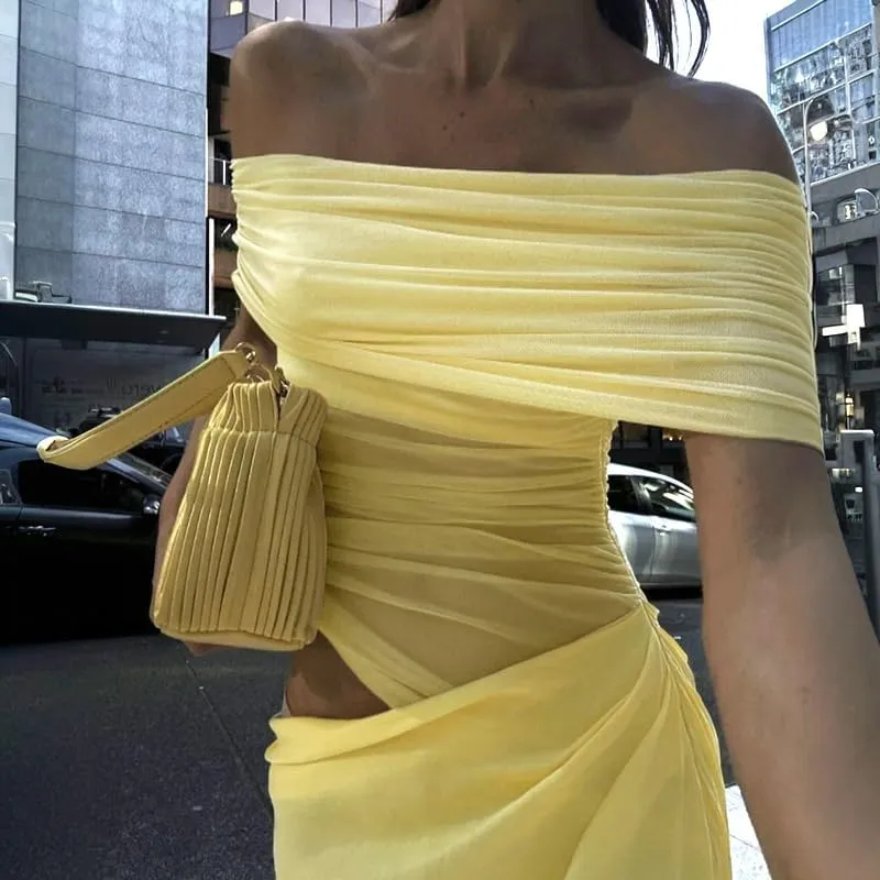 Women Off Shoulder Bodycon Maxi Dress Layered Mesh Ruched Hollow Out Party Formal Wedding Guest Dresses for Party