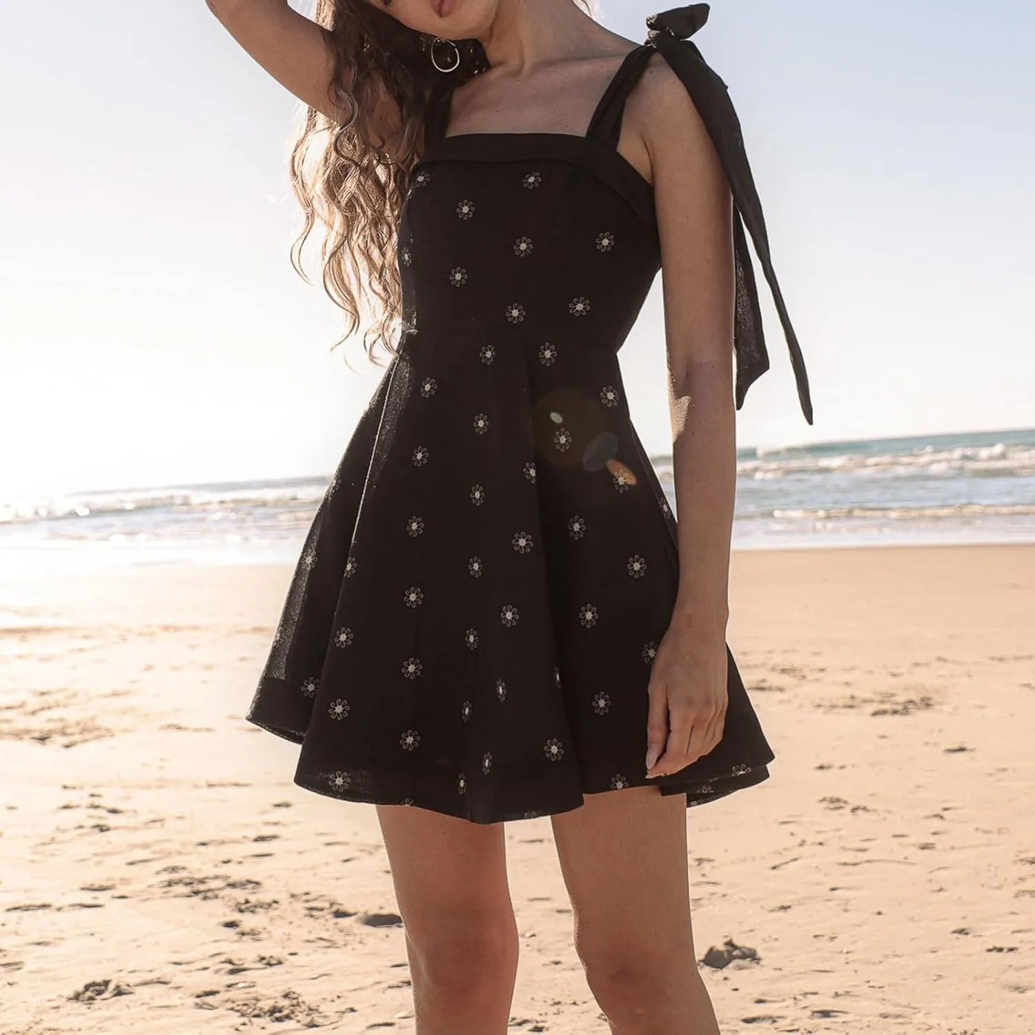 Women Ruffle Hem Floral Babydoll Dress Boho Flowy Tie Mini Dress Y2K Cute Print Short A Line Beach Sundress Streetwear