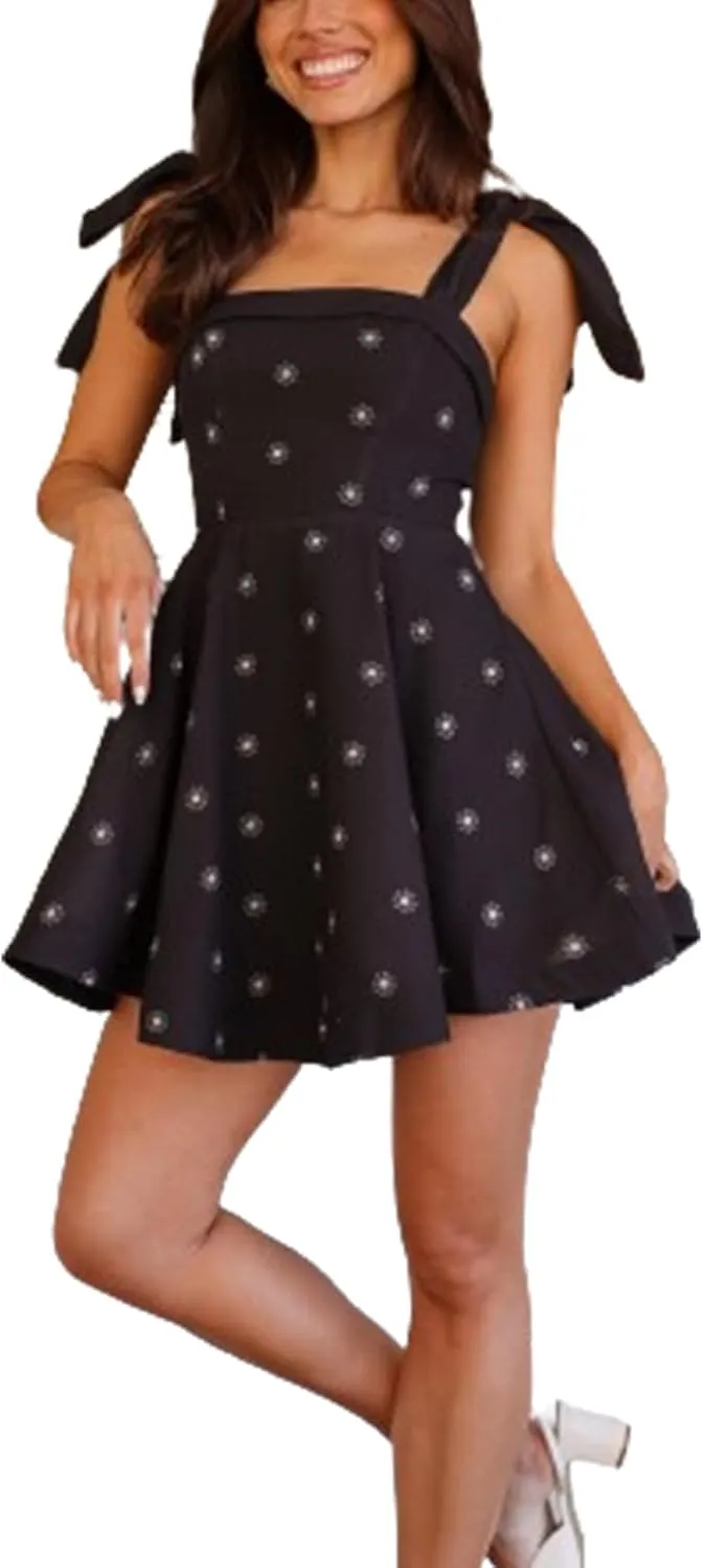Women Ruffle Hem Floral Babydoll Dress Boho Flowy Tie Mini Dress Y2K Cute Print Short A Line Beach Sundress Streetwear