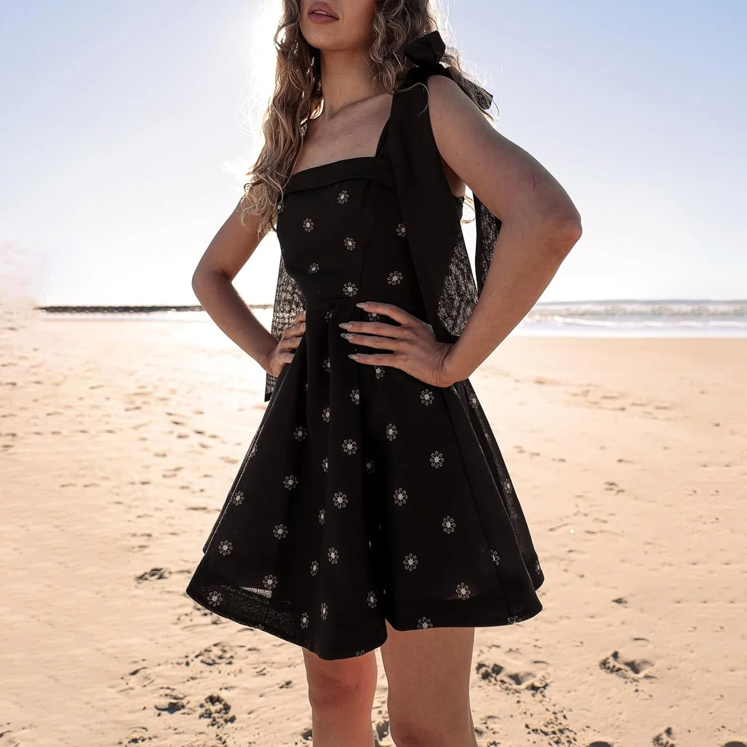 Women Ruffle Hem Floral Babydoll Dress Boho Flowy Tie Mini Dress Y2K Cute Print Short A Line Beach Sundress Streetwear