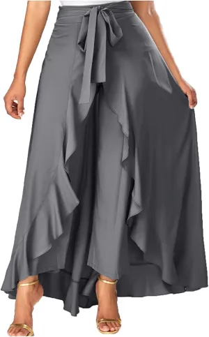 Women Ruffle Pants with Skirt Overlay High Waisted Culottes Skirt Trendy 2 in 1 Pants Skirts Flowy Lace Up Maxi Skirt