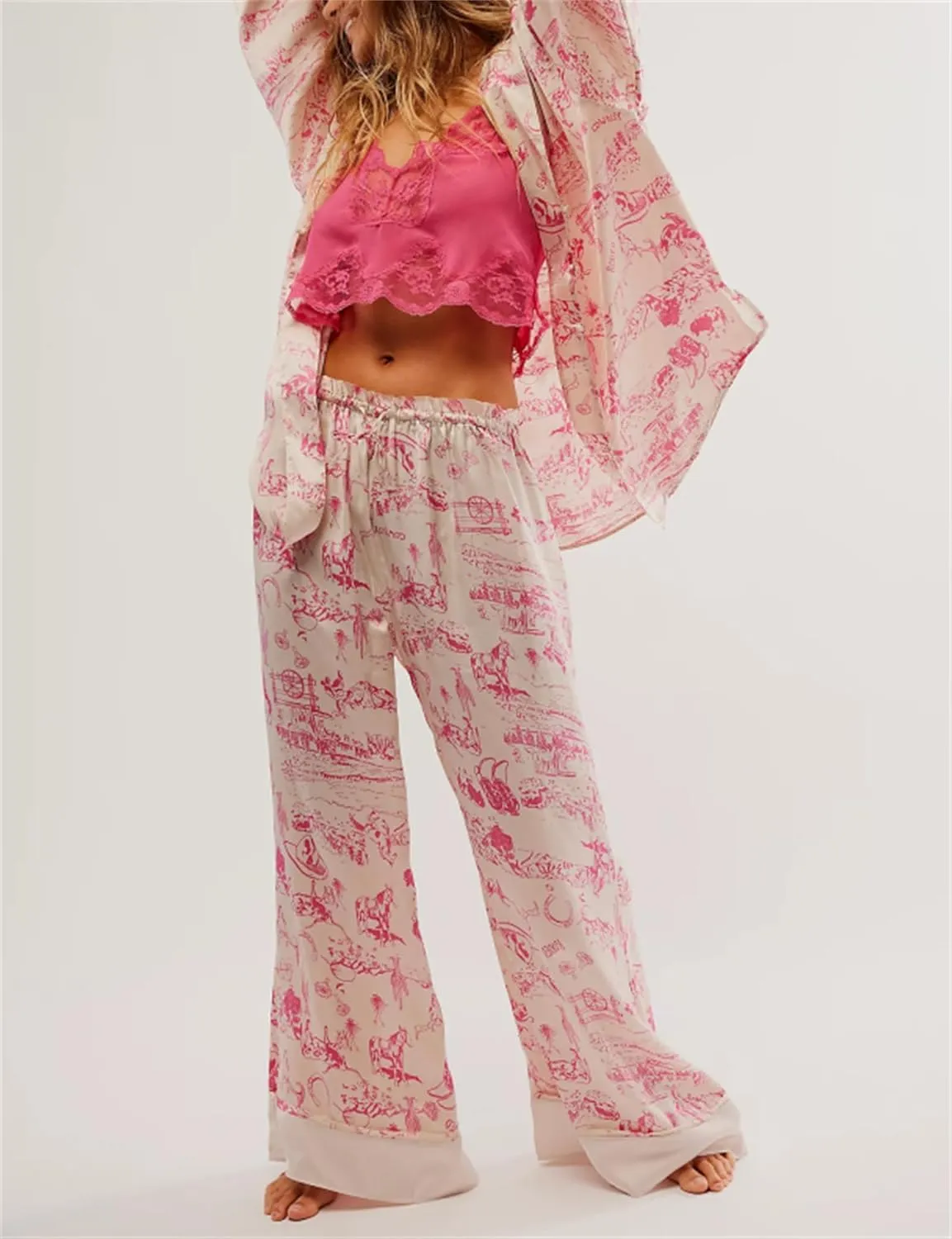 Women Satin Pajama Set 2 Piece Casual Lounge Set Long Sleeve Floral Printing Button Down Shirt Wide Leg Pants Set