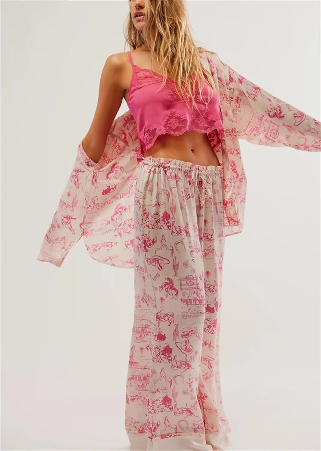 Women Satin Pajama Set 2 Piece Casual Lounge Set Long Sleeve Floral Printing Button Down Shirt Wide Leg Pants Set