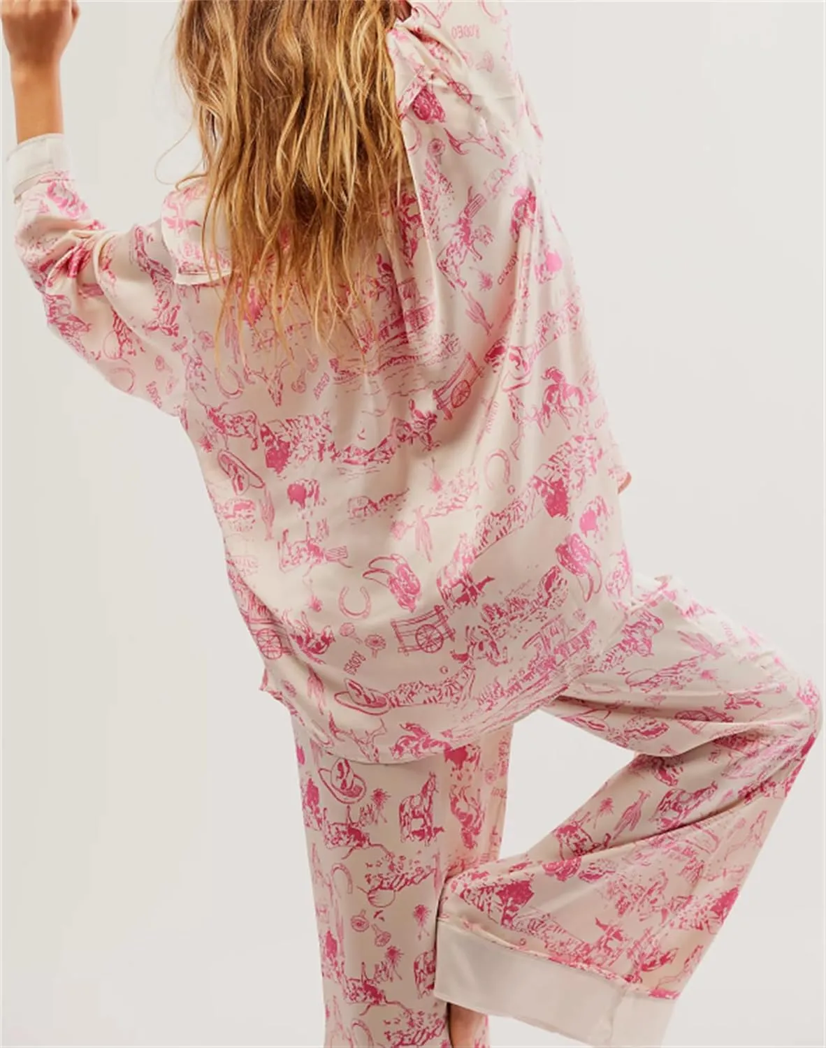 Women Satin Pajama Set 2 Piece Casual Lounge Set Long Sleeve Floral Printing Button Down Shirt Wide Leg Pants Set