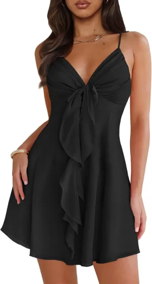 Women Sleeveless Sexy V Neck Summer Dress for Women Casual Flowy Beach Club Party Spaghetti Strap Mini Sundress