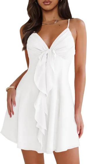 Women Sleeveless Sexy V Neck Summer Dress for Women Casual Flowy Beach Club Party Spaghetti Strap Mini Sundress