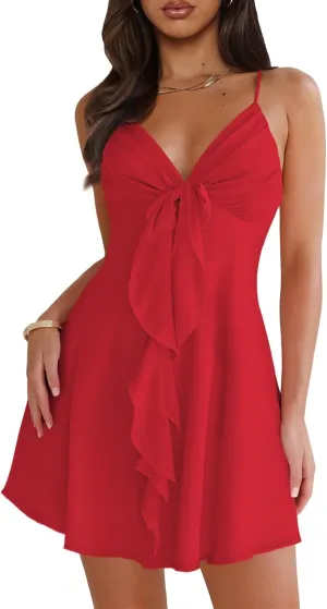 Women Sleeveless Sexy V Neck Summer Dress for Women Casual Flowy Beach Club Party Spaghetti Strap Mini Sundress