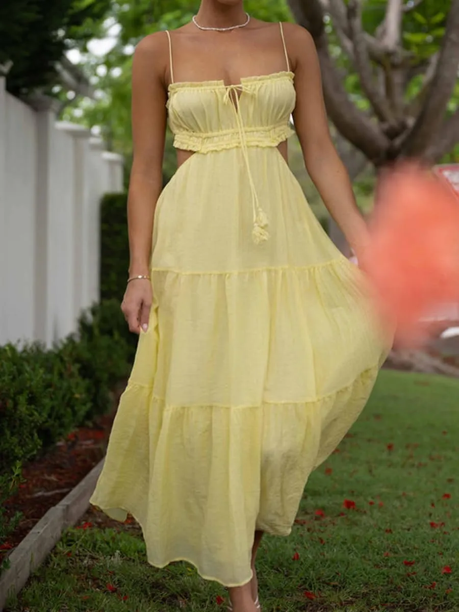 Women Spaghetti Strap Halter Neck Low Cut Dress Backless Long Maxi Flowy Pleated Dress Beach Sundress