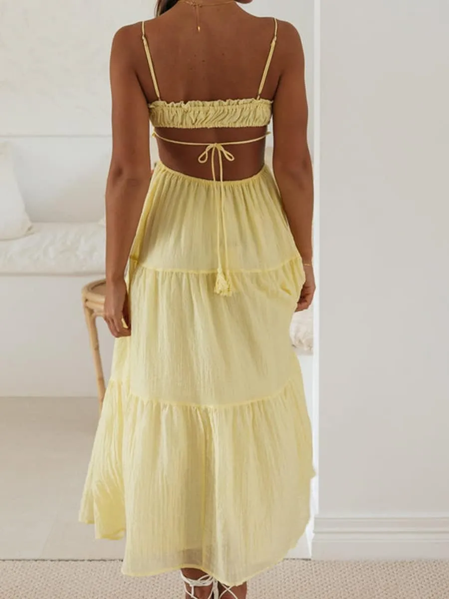 Women Spaghetti Strap Halter Neck Low Cut Dress Backless Long Maxi Flowy Pleated Dress Beach Sundress