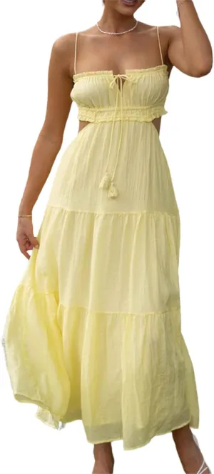 Women Spaghetti Strap Halter Neck Low Cut Dress Backless Long Maxi Flowy Pleated Dress Beach Sundress