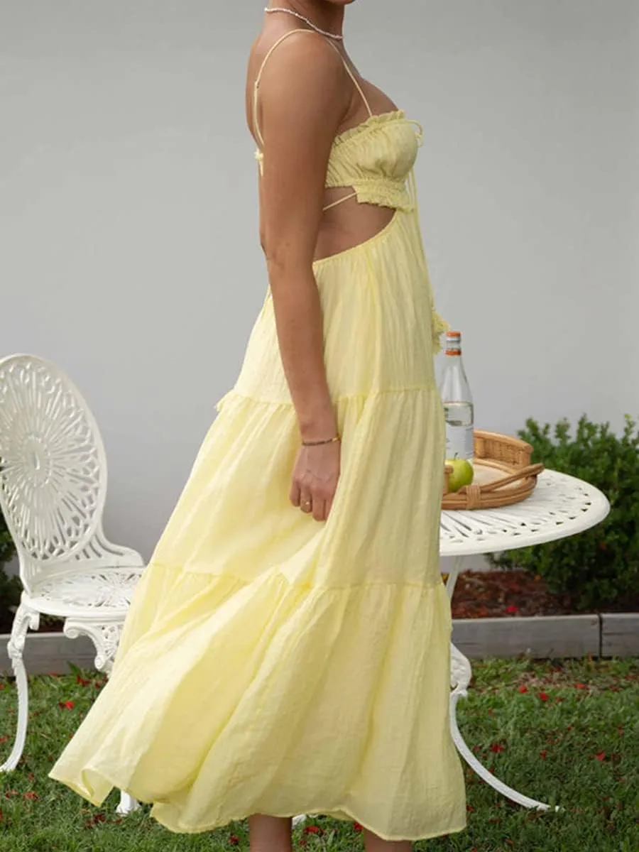 Women Spaghetti Strap Halter Neck Low Cut Dress Backless Long Maxi Flowy Pleated Dress Beach Sundress