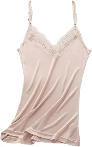 Women Spaghetti Strap Lace Patchwork Camisole Top Solid Color V-Neck Vest Cami Basic Cami