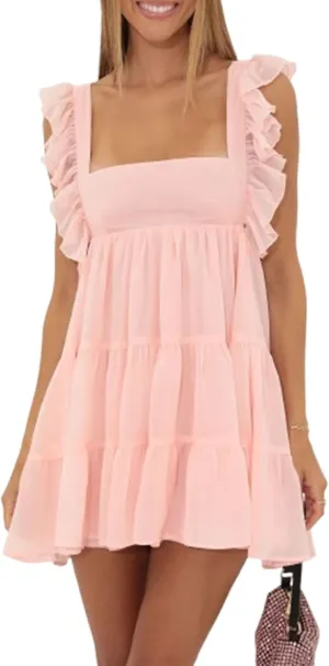 Women Square Neck Mini Ruffle Strap Dresses Sleeveless Tie Back Slim Babydoll Dress Tiered Pleat Flowy Sundress