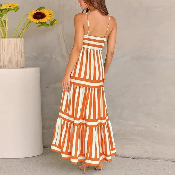 Women Striped Sleeveless Maxi Dress Spaghetti Strap Cutout Backless Long Flowy A-Line Sundress Beach Boho Maxi Dress