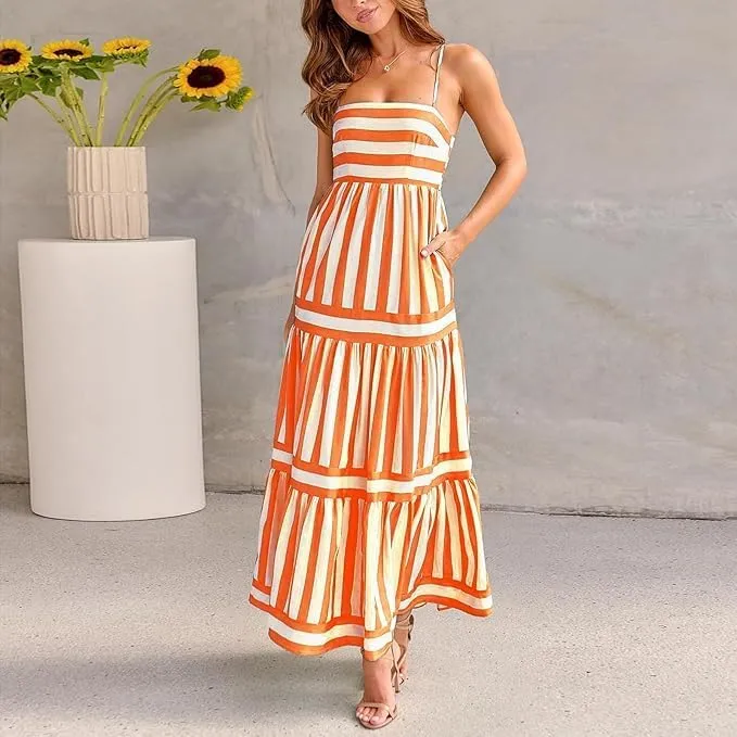 Women Striped Sleeveless Maxi Dress Spaghetti Strap Cutout Backless Long Flowy A-Line Sundress Beach Boho Maxi Dress