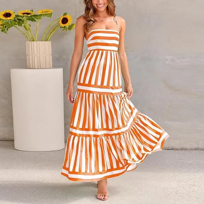 Women Striped Sleeveless Maxi Dress Spaghetti Strap Cutout Backless Long Flowy A-Line Sundress Beach Boho Maxi Dress