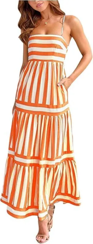 Women Striped Sleeveless Maxi Dress Spaghetti Strap Cutout Backless Long Flowy A-Line Sundress Beach Boho Maxi Dress
