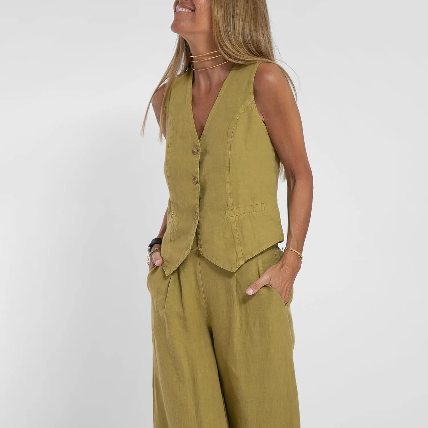 Women Suits 2 Piece Set V Neck Sleeveless Button Vest Wide Leg Pants 2 Piece Blazer Suit Summer Linen Matching Sets