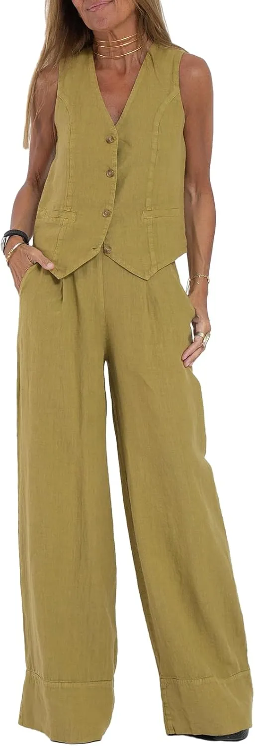 Women Suits 2 Piece Set V Neck Sleeveless Button Vest Wide Leg Pants 2 Piece Blazer Suit Summer Linen Matching Sets