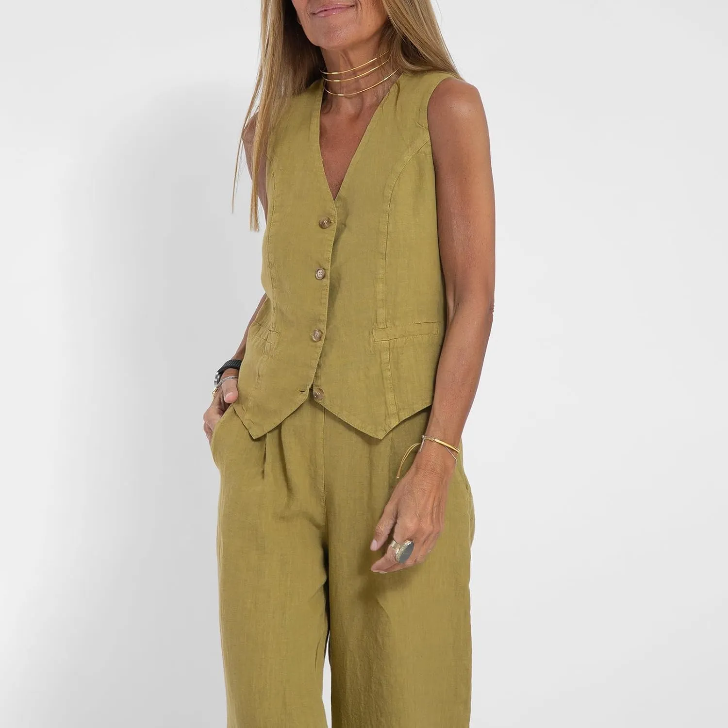 Women Suits 2 Piece Set V Neck Sleeveless Button Vest Wide Leg Pants 2 Piece Blazer Suit Summer Linen Matching Sets