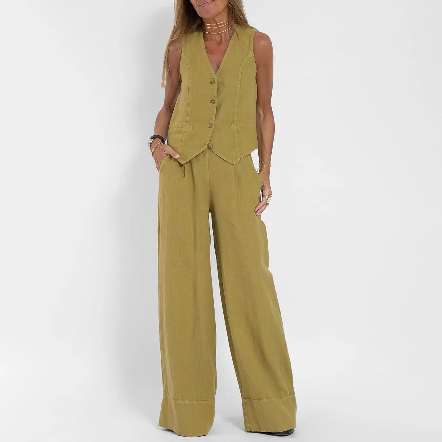 Women Suits 2 Piece Set V Neck Sleeveless Button Vest Wide Leg Pants 2 Piece Blazer Suit Summer Linen Matching Sets