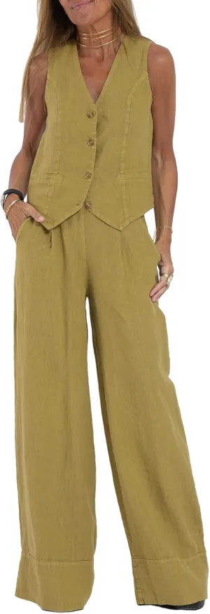 Women Suits 2 Piece Set V Neck Sleeveless Button Vest Wide Leg Pants 2 Piece Blazer Suit Summer Linen Matching Sets