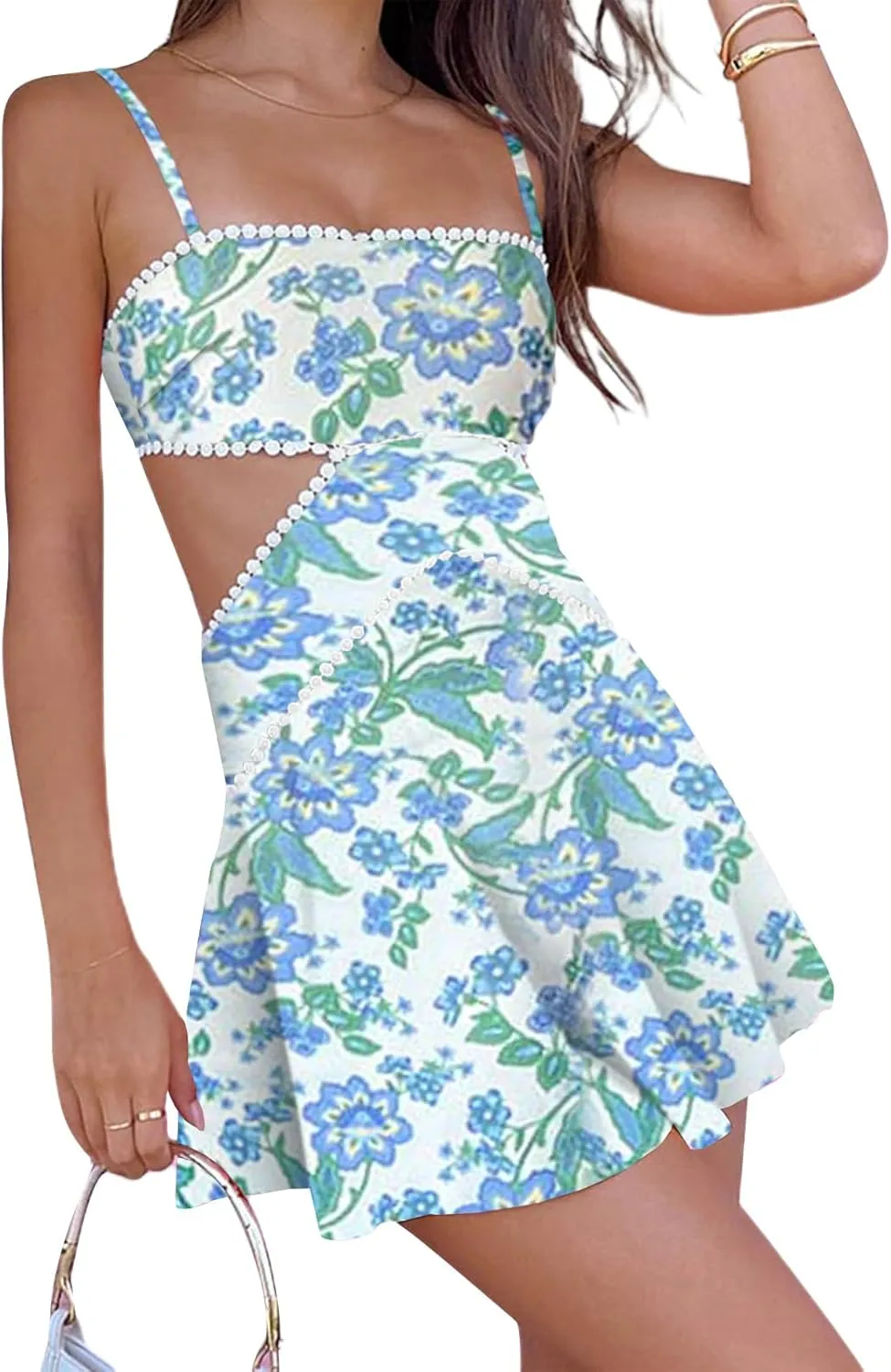 Women Summer Boho Floral Mini Cami Dress Spaghetti Strap Flowy Short Sling Dress Sleeveless Low Cut Holiday Sundress