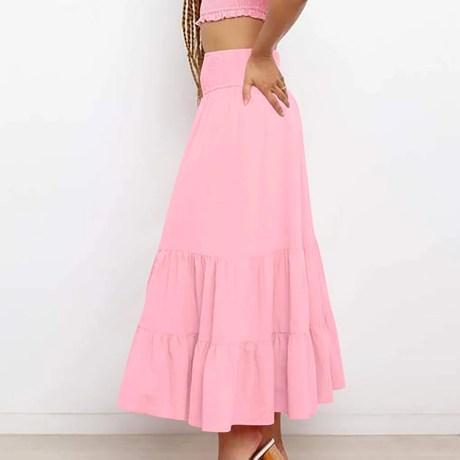 Women Summer Midi Skirts Flowy Elastic High Waist Pleated Tiered Casual Swing Boho A Line Ruffle Skirt