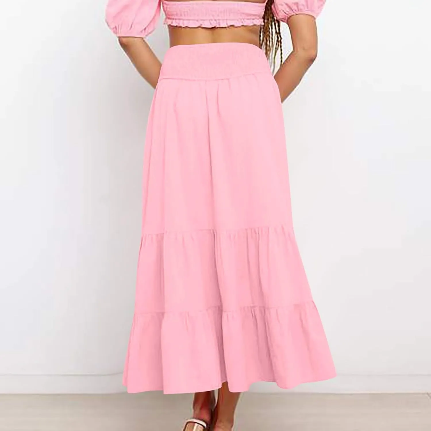 Women Summer Midi Skirts Flowy Elastic High Waist Pleated Tiered Casual Swing Boho A Line Ruffle Skirt